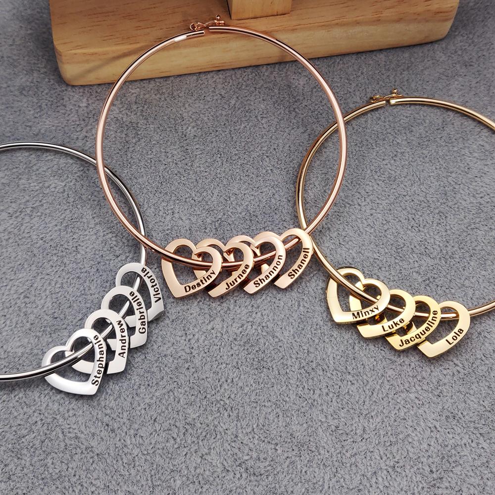 Mother's Day Gift! Bangle Bracelet with Heart Shape Pendants