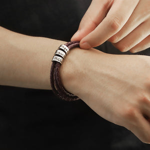 Men Braided Leather Bracelet with Small Custom Beads