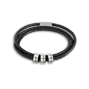 Men Braided Leather Bracelet with Small Custom Beads