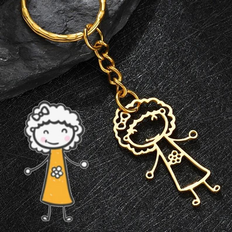Personalized Engraved Children Art Drawing Necklace & Keychain