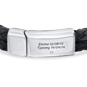 Father's Day Gift !Engraved Bracelet for Men in Stainless Steel and Black Leather