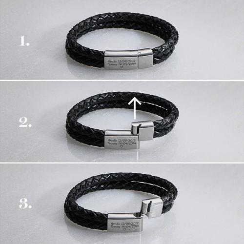 Father's Day Gift !Engraved Bracelet for Men in Stainless Steel and Black Leather