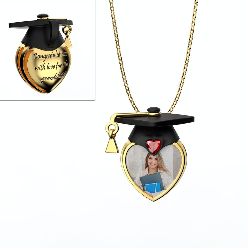 Graduation Cap Personalized Photo Necklace with Birthstone