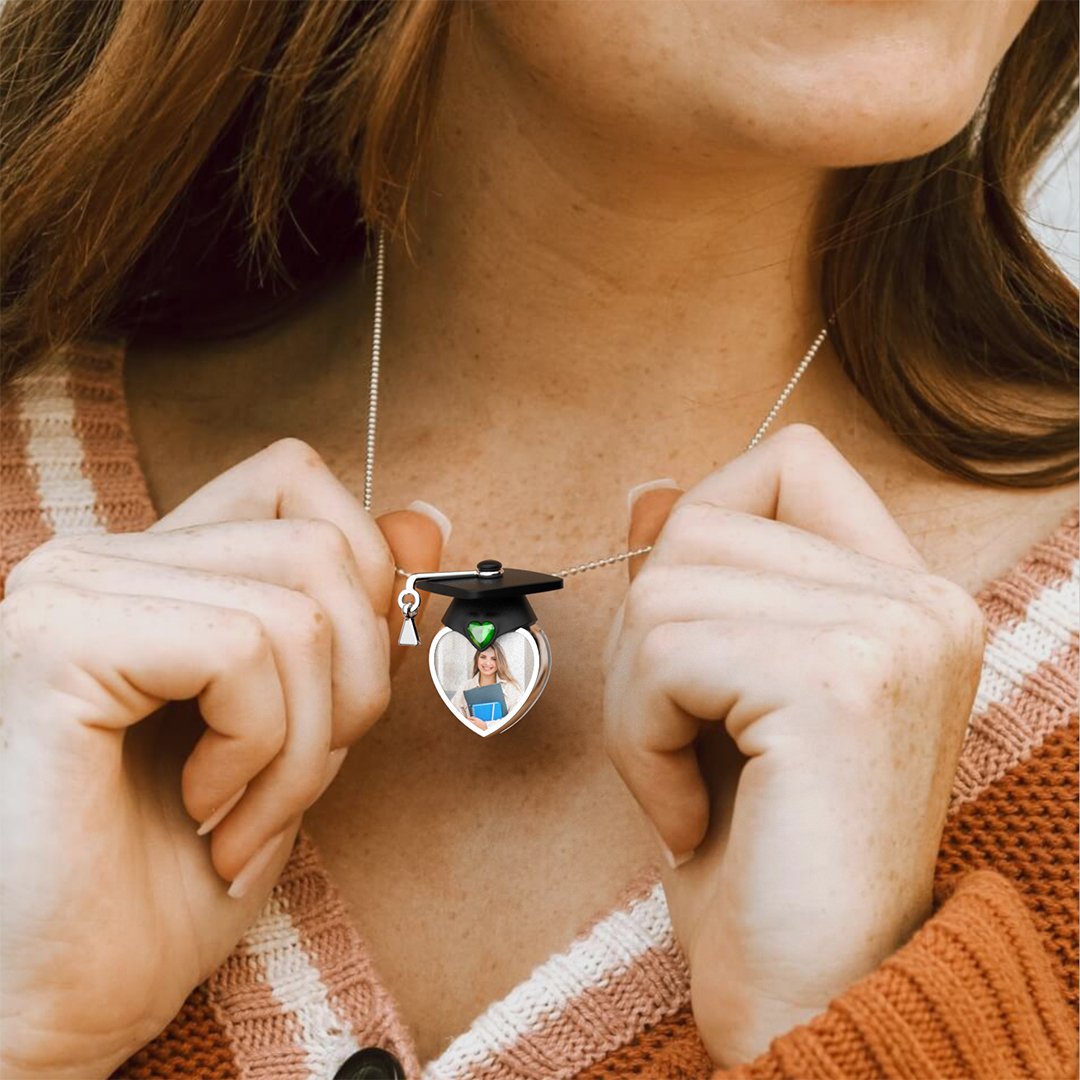 Graduation Cap Personalized Photo Necklace with Birthstone