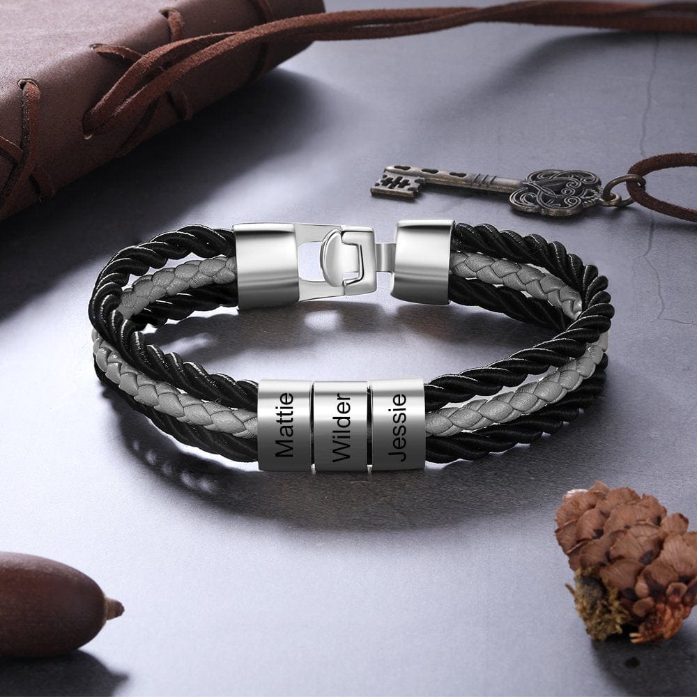 Father's Day Gift  Mens Leather Bracelet Braided Layered Leather with Bead