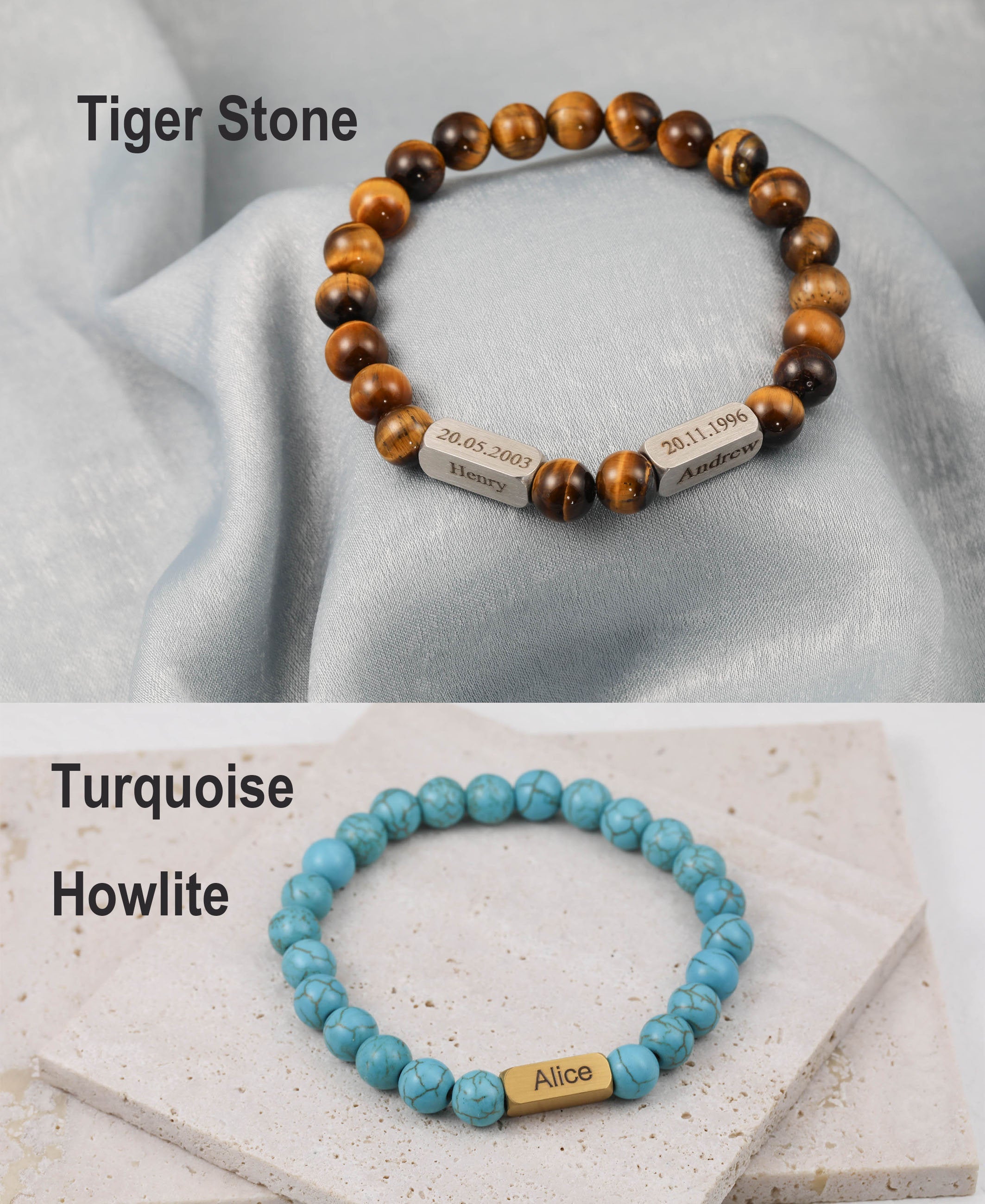 Personalised Men's Name Bracelet, Men's Beaded Bracelet, Custom Healing Stone Bracelet, Tiger Eye.Lava.Turquoise.Malachite Stone Bracelet