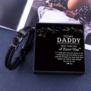 Men Leather Bracelet with Engraved Beads Custom Two Layers Bracelet Black