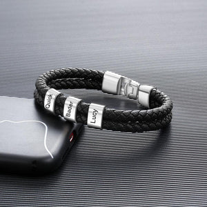 Men Leather Bracelet with Engraved Beads Custom Two Layers Bracelet Black